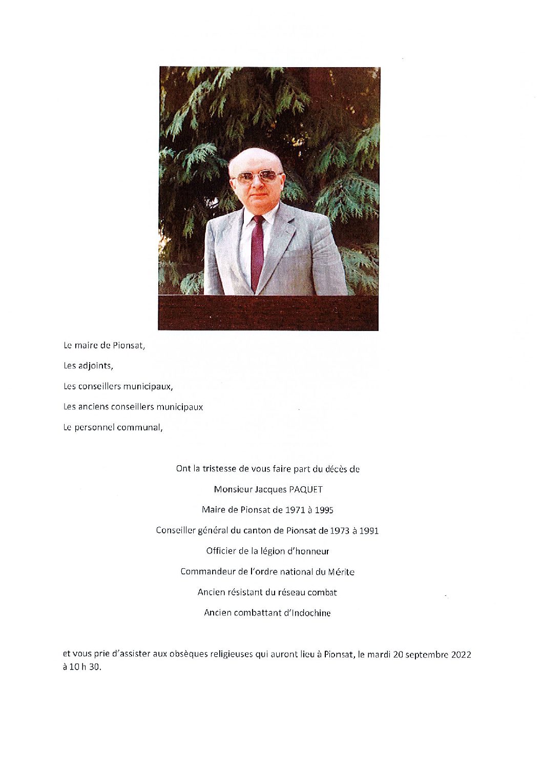 Décès de Monsieur Paquet Jacques – Maire de Pionsat de 1971 à 1995